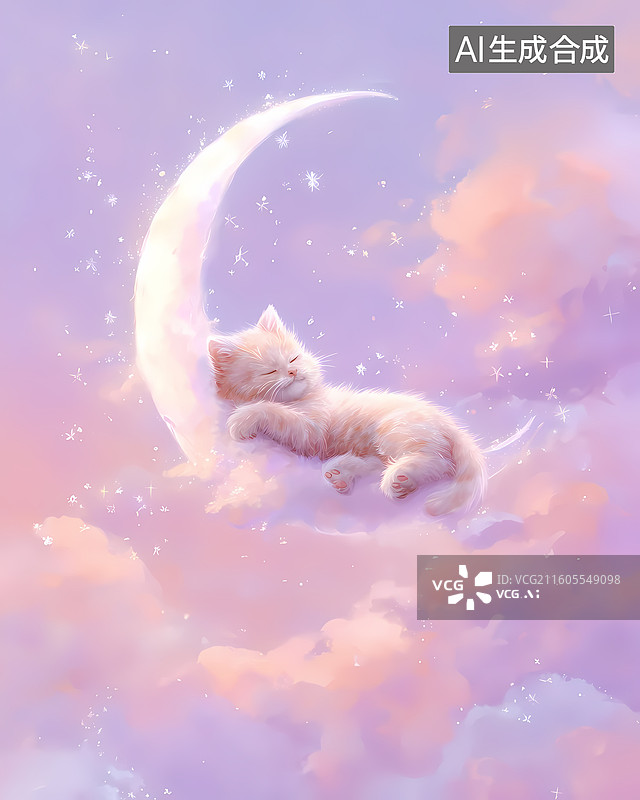 【AI数字艺术】治愈风粉色月亮猫猫插图图片素材