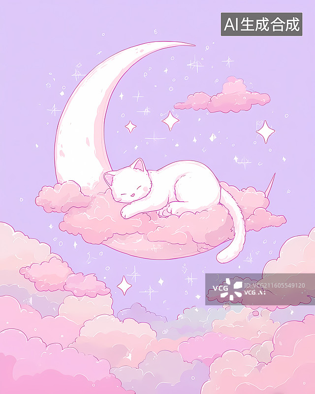 【AI数字艺术】治愈风粉色月亮猫猫插图图片素材