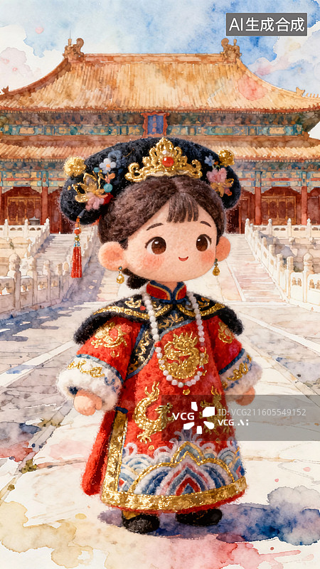【AI数字艺术】Q版毛毡格格在故宫图片素材