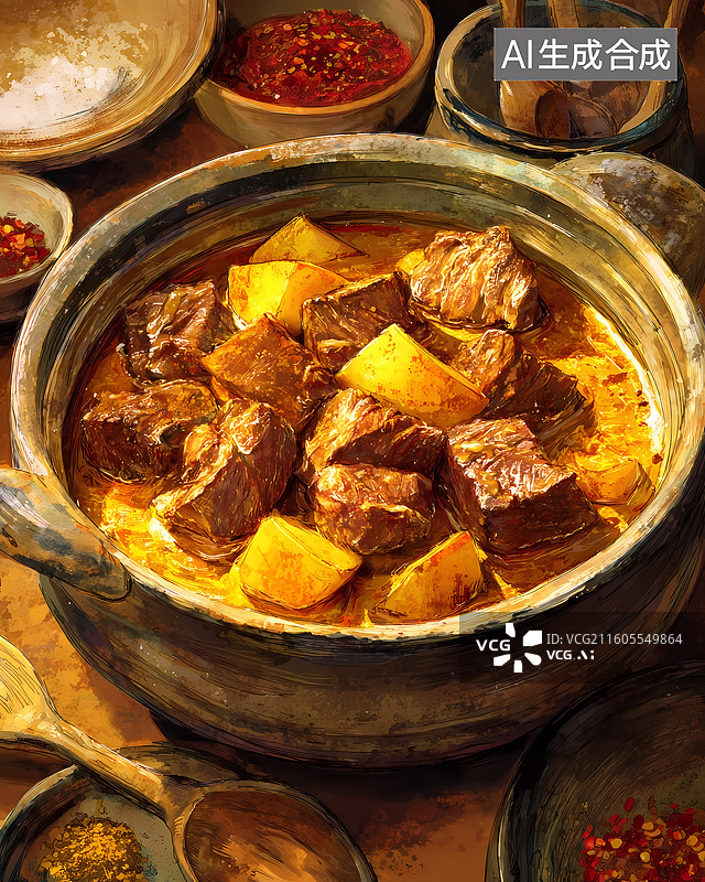 【AI数字艺术】中国美食土豆牛肉插画图片素材