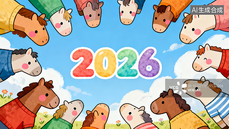 【AI数字艺术】2026 生肖马童趣新年插画营销素材图片素材