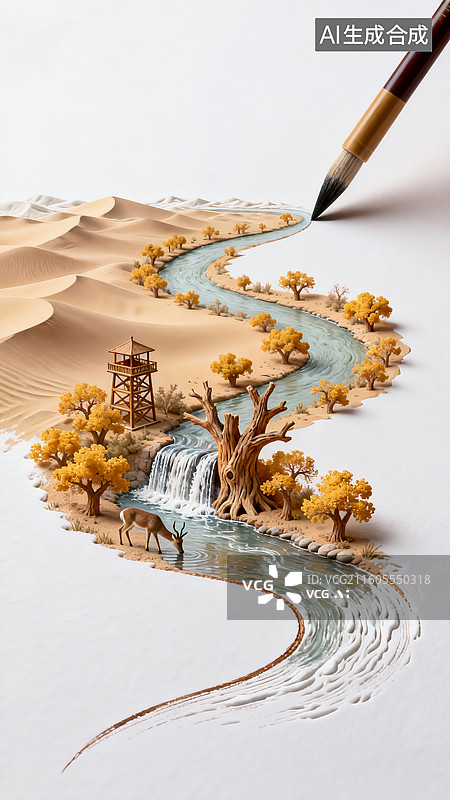 【AI数字艺术】水墨立体沙漠河景创意艺术营销素材图片素材