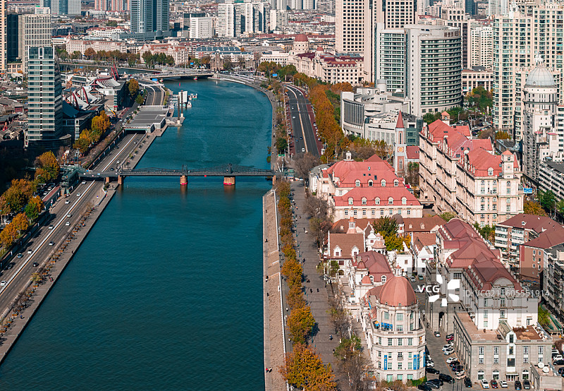 中国天津海河边的原奥匈帝国租界秋季航拍图图片素材