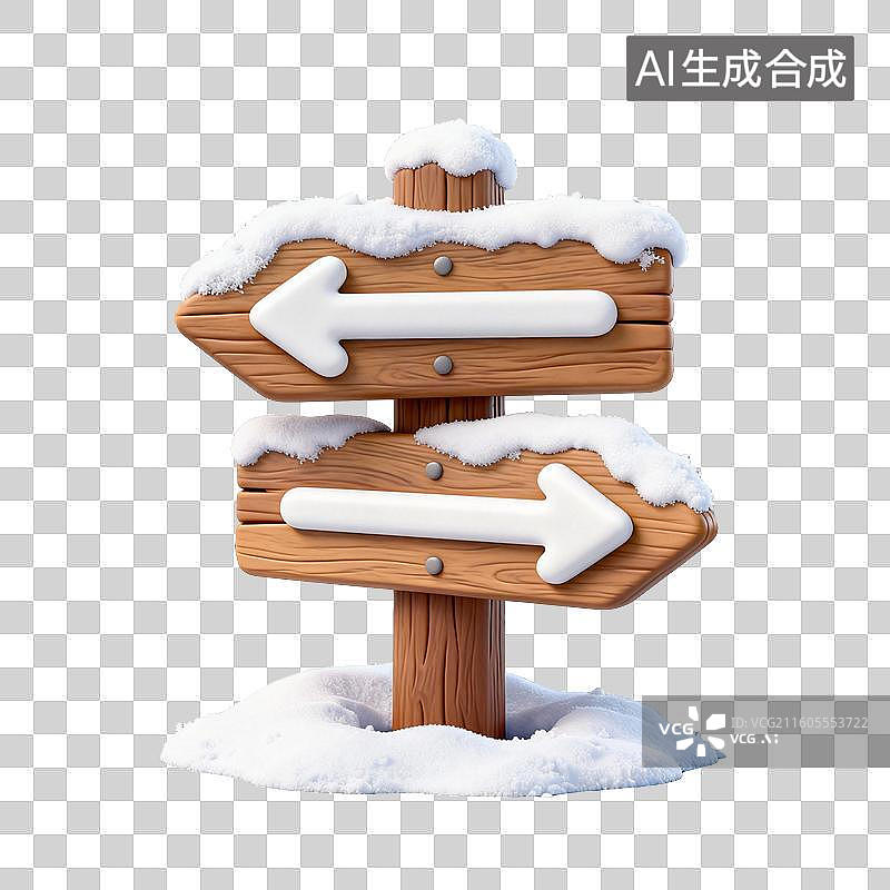 【AI数字艺术】积雪-卡通雪景木质双箭头指示牌创意素材图片素材