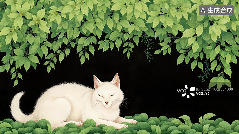 【AI数字艺术】白猫静卧绿荫下图片素材