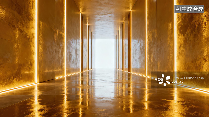 【AI数字艺术】金色光廊的现代通道图片素材