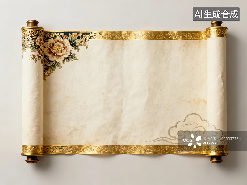 【AI数字艺术】卷轴古画，金边花卉装饰图片素材