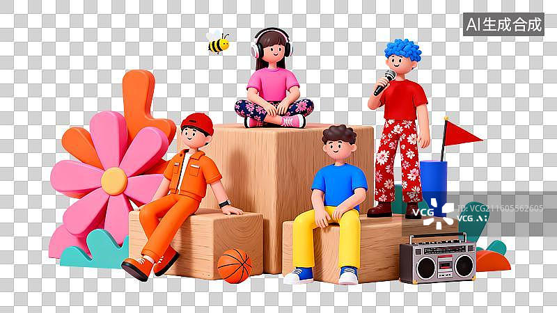 【AI数字艺术】人群聚会唱歌3D立体卡通C4D渲染购物元素插画图片素材