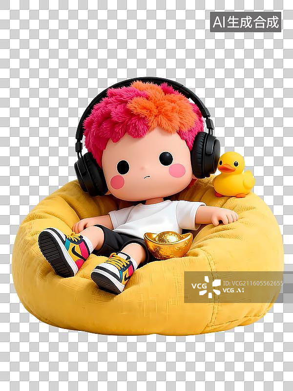 【AI数字艺术】q版男孩躺在懒人沙发上3D立体卡通C4D渲染购物元素插画图片素材