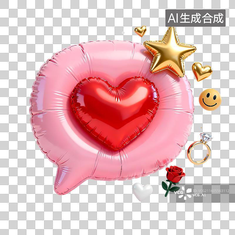 【AI数字艺术】膨胀感粉色对话框心形星星钻戒3D立体卡通C4D渲染购物元素插画图片素材
