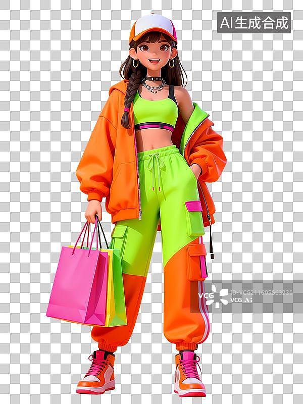 【AI数字艺术】棒球帽荧光色衣服女孩提着购物袋3D立体卡通C4D渲染购物元素插画图片素材