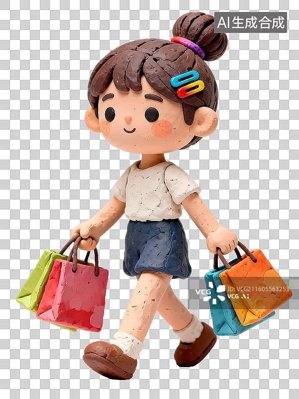 【AI数字艺术】卡通黏土女孩提着购物袋3D立体卡通C4D渲染购物元素插画图片素材
