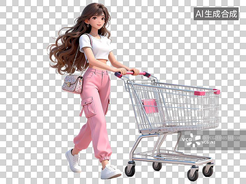 【AI数字艺术】长卷发青春活力女孩推着购物车3D立体卡通C4D渲染购物元素插画图片素材