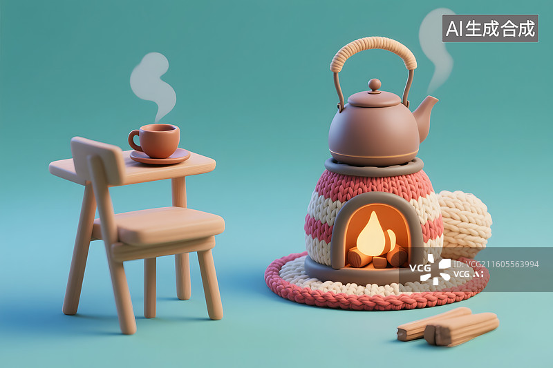 【AI数字艺术】3D针织毛线风围炉煮茶图片素材