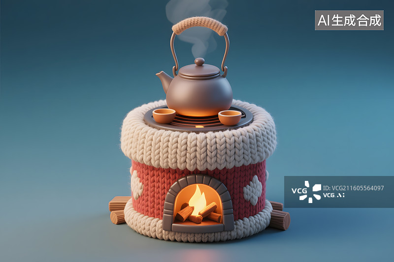 【AI数字艺术】3D针织毛线风围炉煮茶图片素材