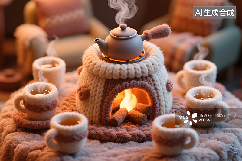 【AI数字艺术】3D针织毛线风围炉煮茶图片素材