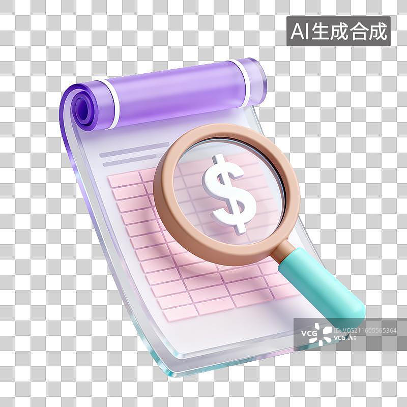 【AI数字艺术】3D磨砂玻璃材质金融理财主题商业放大镜文件文本报告账本元素图片素材