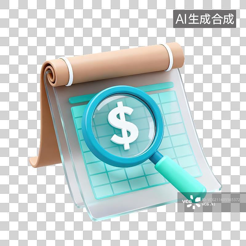 【AI数字艺术】3D磨砂玻璃材质金融理财主题商业放大镜文件文本报告账本元素图片素材