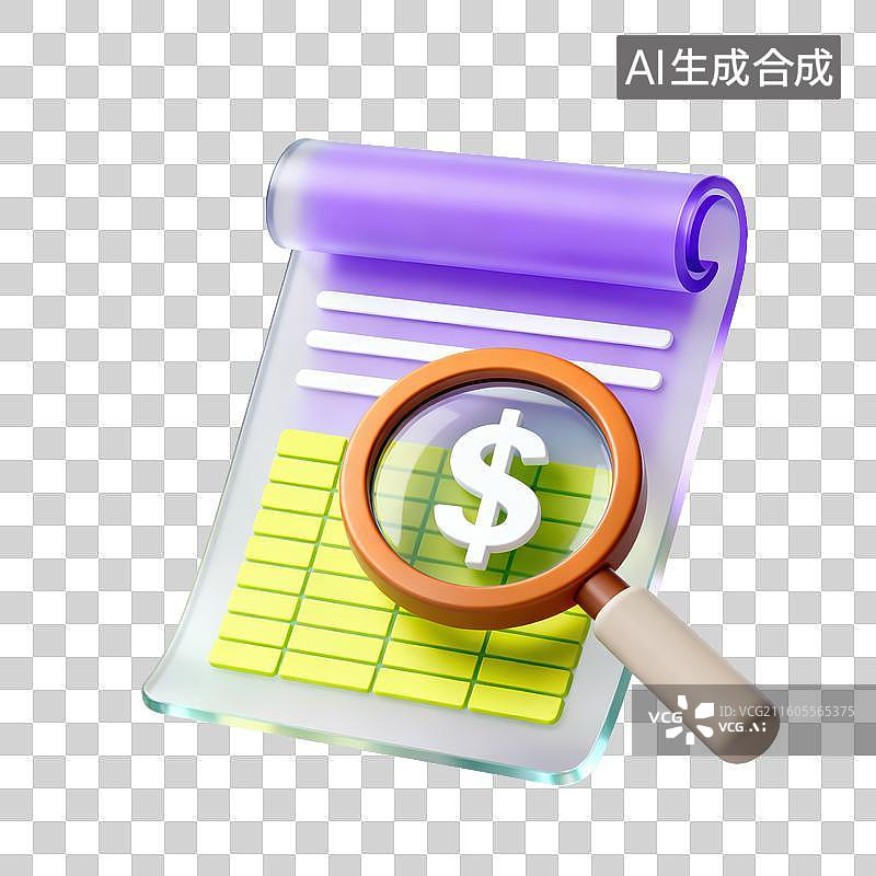 【AI数字艺术】3D磨砂玻璃材质金融理财主题商业放大镜文件文本报告账本元素图片素材