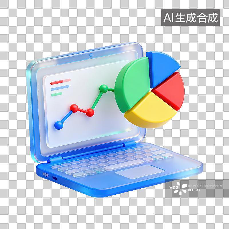 【AI数字艺术】3D磨砂玻璃材质金融理财主题笔记本电脑商业饼状图报告元素图片素材