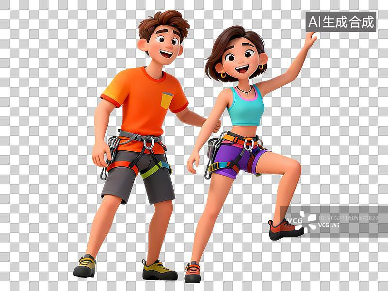 【AI数字艺术】攀爬攀岩一男一女3D立体卡通C4D渲染活力青年人物元素插画图片素材