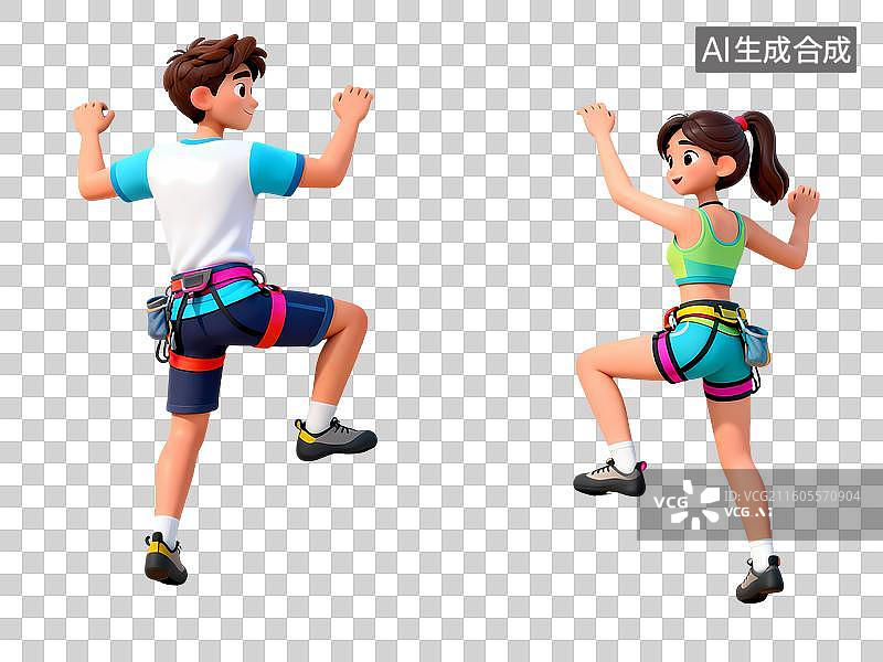 【AI数字艺术】攀爬攀岩一男一女3D立体卡通C4D渲染活力青年人物元素插画图片素材