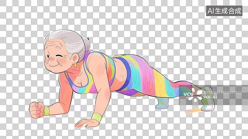 【AI数字艺术】手绘彩铅插画正在做平板支撑的退休老年人老奶奶图片素材