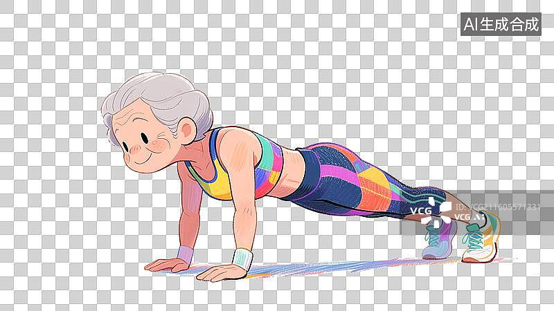 【AI数字艺术】手绘彩铅插画正在做平板支撑的退休老年人老奶奶图片素材