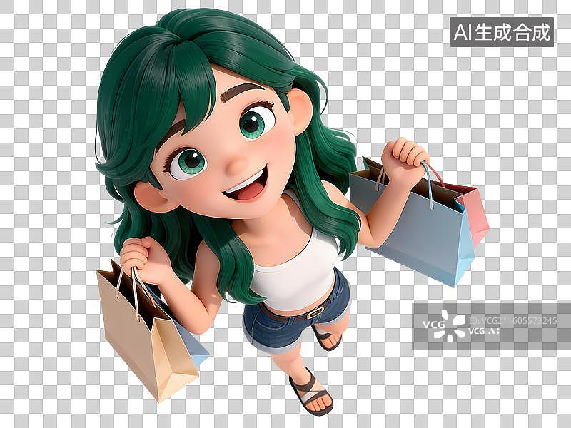 【AI数字艺术】夏装绿色长发女孩购物俯视视角3D立体卡通C4D渲染活力青年人物元素插画图片素材