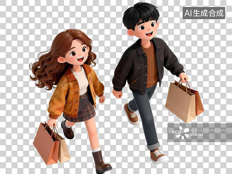 【AI数字艺术】春秋服装一男一女购物行走3D立体卡通C4D渲染活力青年人物元素插画图片素材