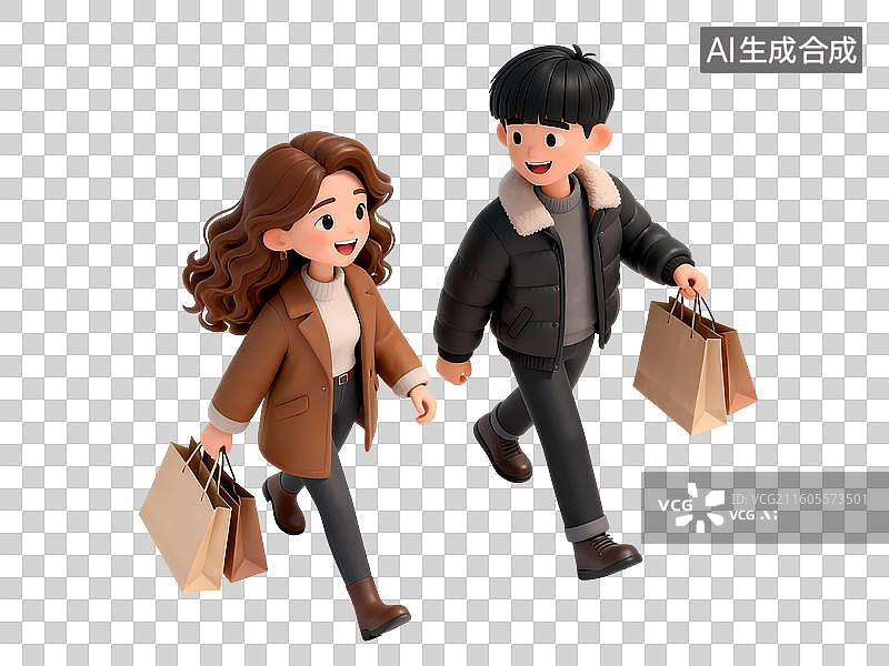 【AI数字艺术】冬季服装一男一女购物行走3D立体卡通C4D渲染活力青年人物元素插画图片素材