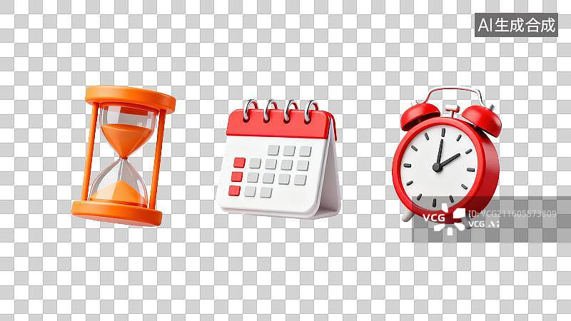 【AI数字艺术】3D渲染免抠图形元素卡通闹钟日历及沙漏，时间主题概念元素图片素材