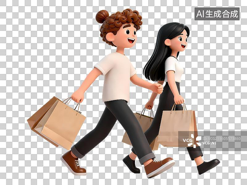 【AI数字艺术】春夏秋一男一女并排走路提着购物袋3D立体卡通C4D渲染活力青年人物元素插画图片素材