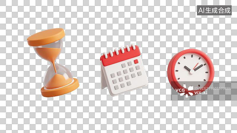 【AI数字艺术】3D渲染免抠图形元素卡通闹钟日历及沙漏，时间主题概念元素图片素材
