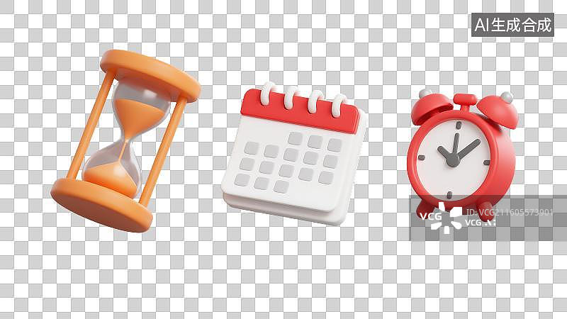 【AI数字艺术】3D渲染免抠图形元素卡通闹钟日历及沙漏，时间主题概念元素图片素材
