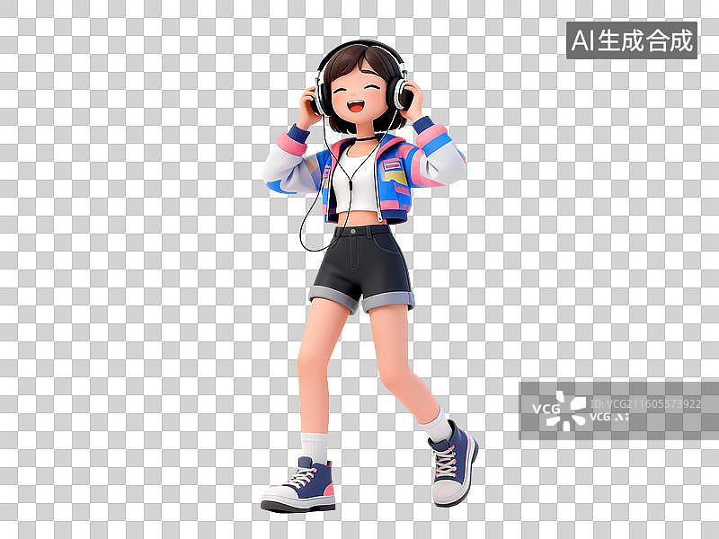 【AI数字艺术】可爱女孩戴着耳机听音乐陶醉3D立体卡通C4D渲染活力青年人物元素插画图片素材