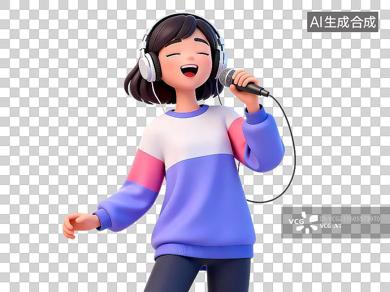 【AI数字艺术】紫色系女孩戴耳机听音乐唱歌3D立体卡通C4D渲染活力青年人物元素插画图片素材