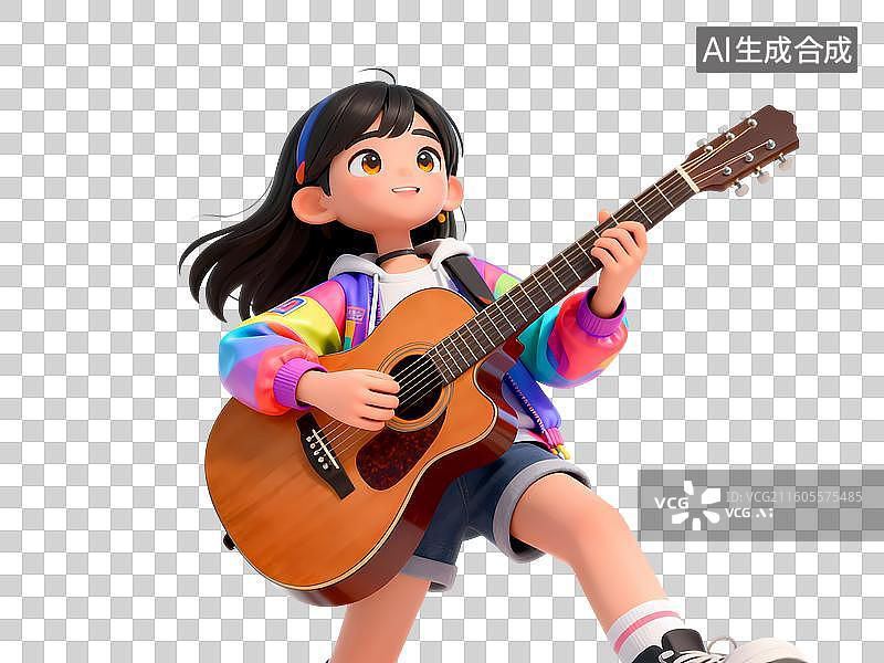 【AI数字艺术】女孩弹吉他3D立体卡通C4D渲染活力青年人物元素插画图片素材