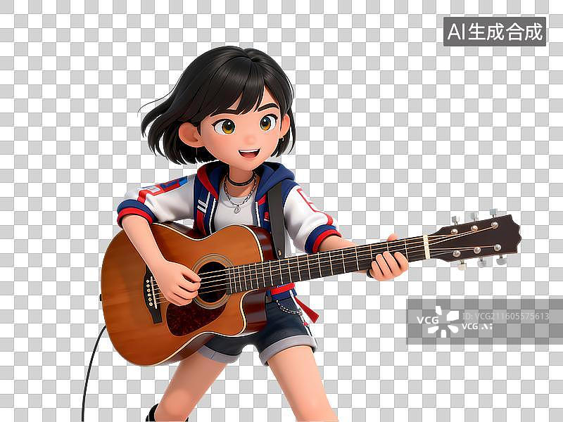 【AI数字艺术】女孩弹吉他3D立体卡通C4D渲染活力青年人物元素插画图片素材