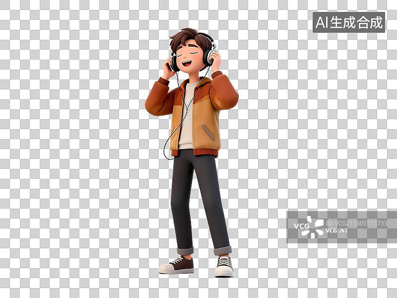 【AI数字艺术】男孩听音乐陶醉唱歌戴耳机3D立体卡通C4D渲染活力青年人物元素插画图片素材