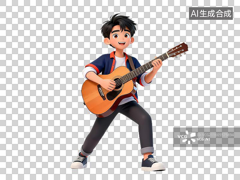 【AI数字艺术】男孩弹吉他3D立体卡通C4D渲染活力青年人物元素插画图片素材