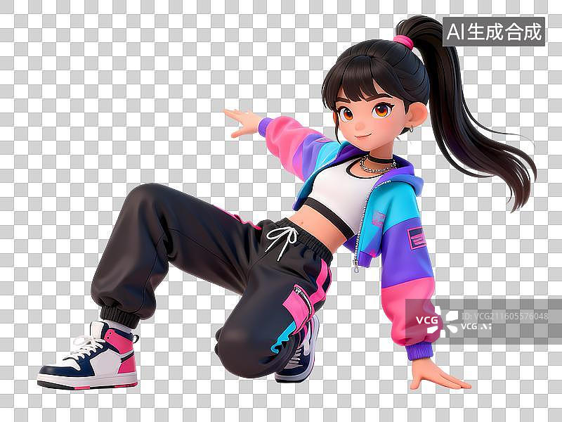 【AI数字艺术】马尾夹克女孩跳街舞3D立体卡通C4D渲染活力青年人物元素插画图片素材