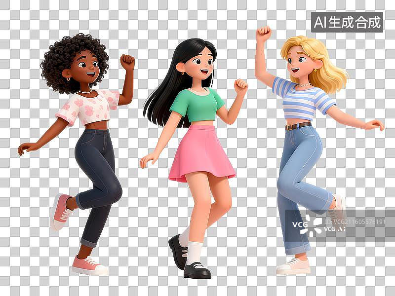 【AI数字艺术】不同国籍民族女孩聚会跳舞欢乐妇女节3D立体卡通C4D渲染活力青年人物元素插画图片素材