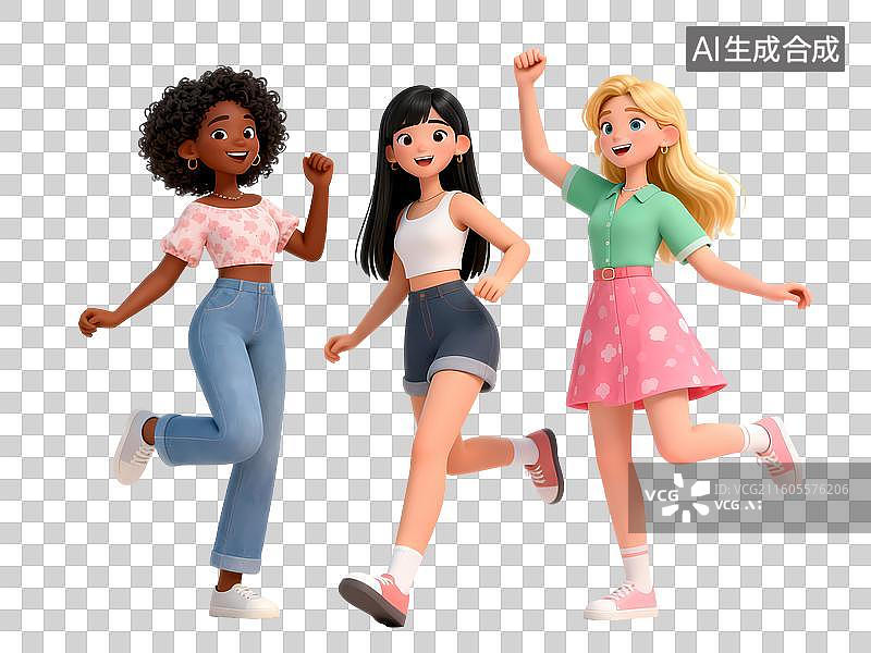 【AI数字艺术】不同国籍民族女孩聚会跳舞欢乐妇女节3D立体卡通C4D渲染活力青年人物元素插画图片素材
