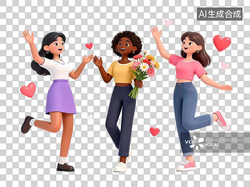 【AI数字艺术】不同国籍民族女孩聚会跳舞欢乐妇女节3D立体卡通C4D渲染活力青年人物元素插画图片素材