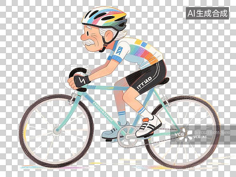 【AI数字艺术】手绘彩铅插画在户外锻炼骑自行车赛车的可爱的白发老爷爷图片素材
