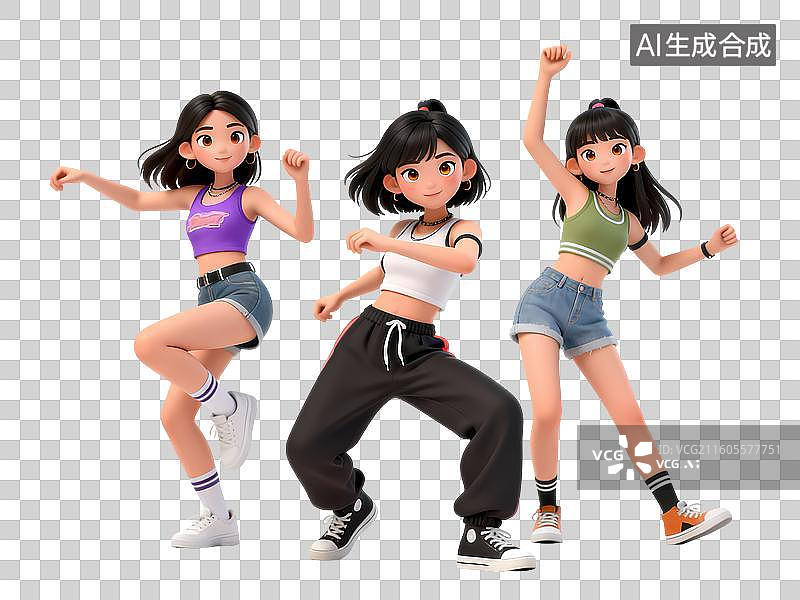【AI数字艺术】潮流街舞三人组女孩3D立体卡通C4D渲染活力青年人物元素插画图片素材