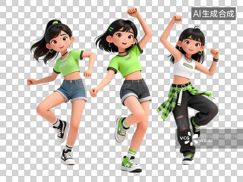 【AI数字艺术】潮流街舞三人组女孩3D立体卡通C4D渲染活力青年人物元素插画图片素材