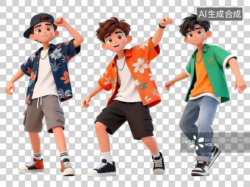【AI数字艺术】潮流街舞三人组男孩3D立体卡通C4D渲染活力青年人物元素插画图片素材