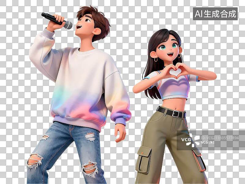 【AI数字艺术】市场男女唱歌跳舞舞台表演3D立体卡通C4D渲染活力青年人物元素插画图片素材